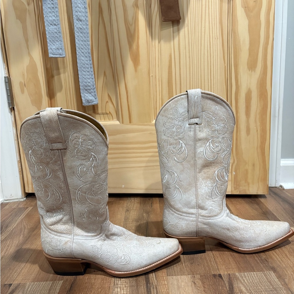 Shyanne Cream Embroidered Heeled Boots - image 1